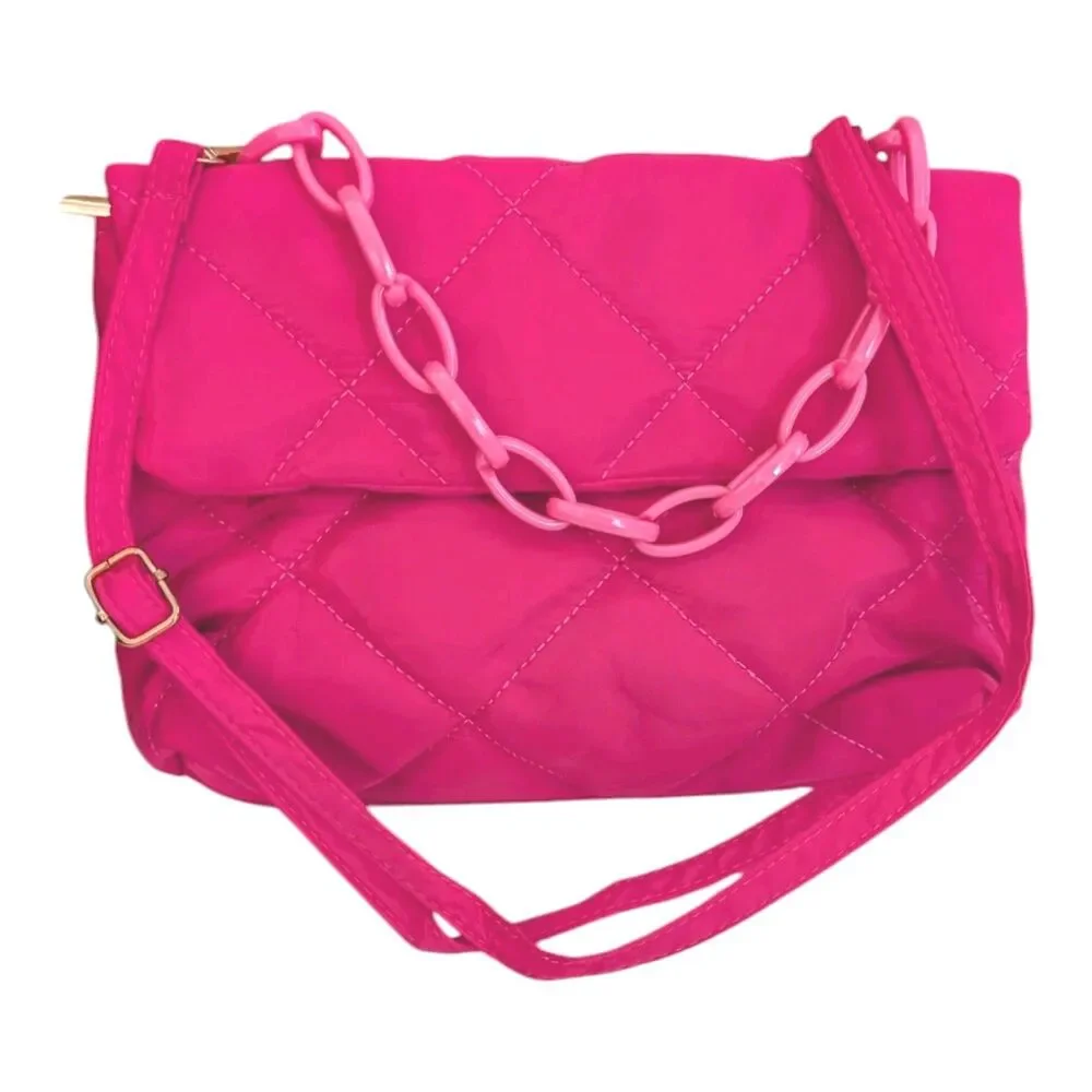 Neon Pink Quilted Nylon Rectangle Crossbody Shoulder Handbag With Chain